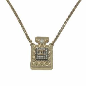Chanel necklace with perfume bottle motif and Coco Mark rhinestones, 57cm, pl...